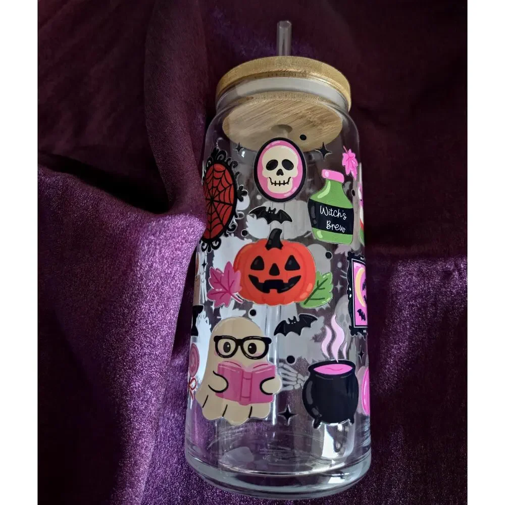 Gothic Spooky Reading Ghost Can Glass Cup Bamboo Lid Whimsical Autumnal